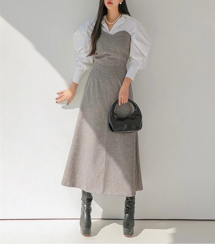 DS11178-韓圍復古優雅心形領羊毛混紡抹胸長裙 (Re-stock)