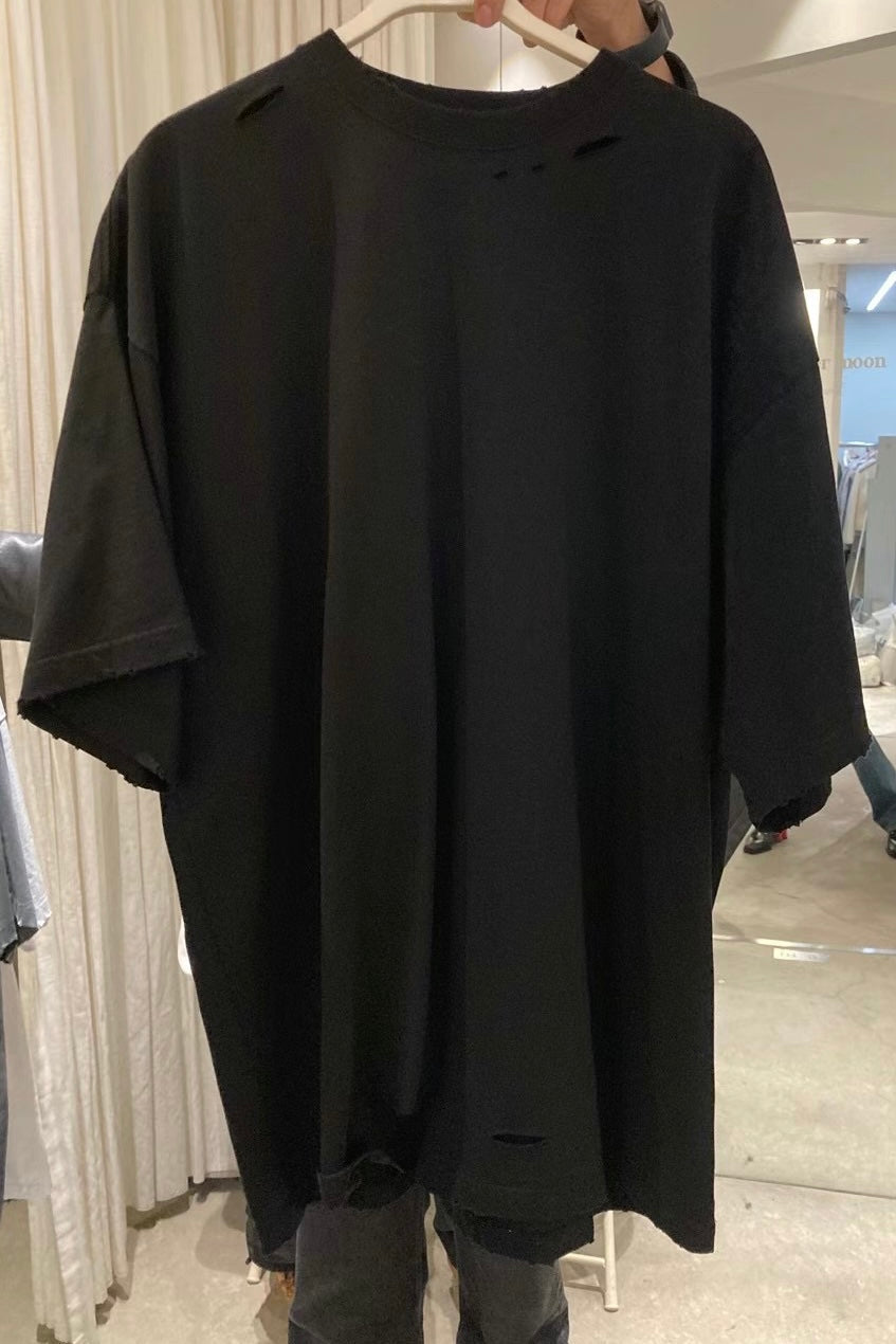 TP11236B- 韓國嘻哈磨爛破洞短袖oversize T-shirt