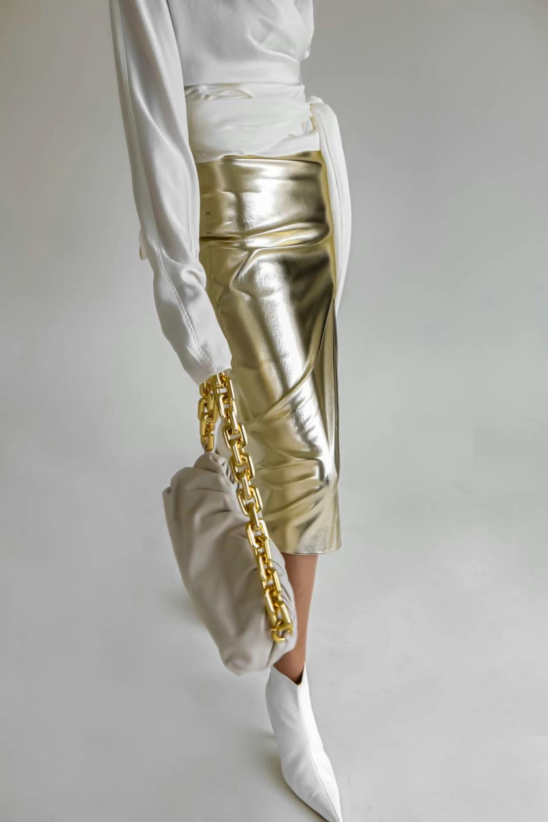 BT11123B - Metallic high-waisted slit hip-covering slim PU leather skirt
