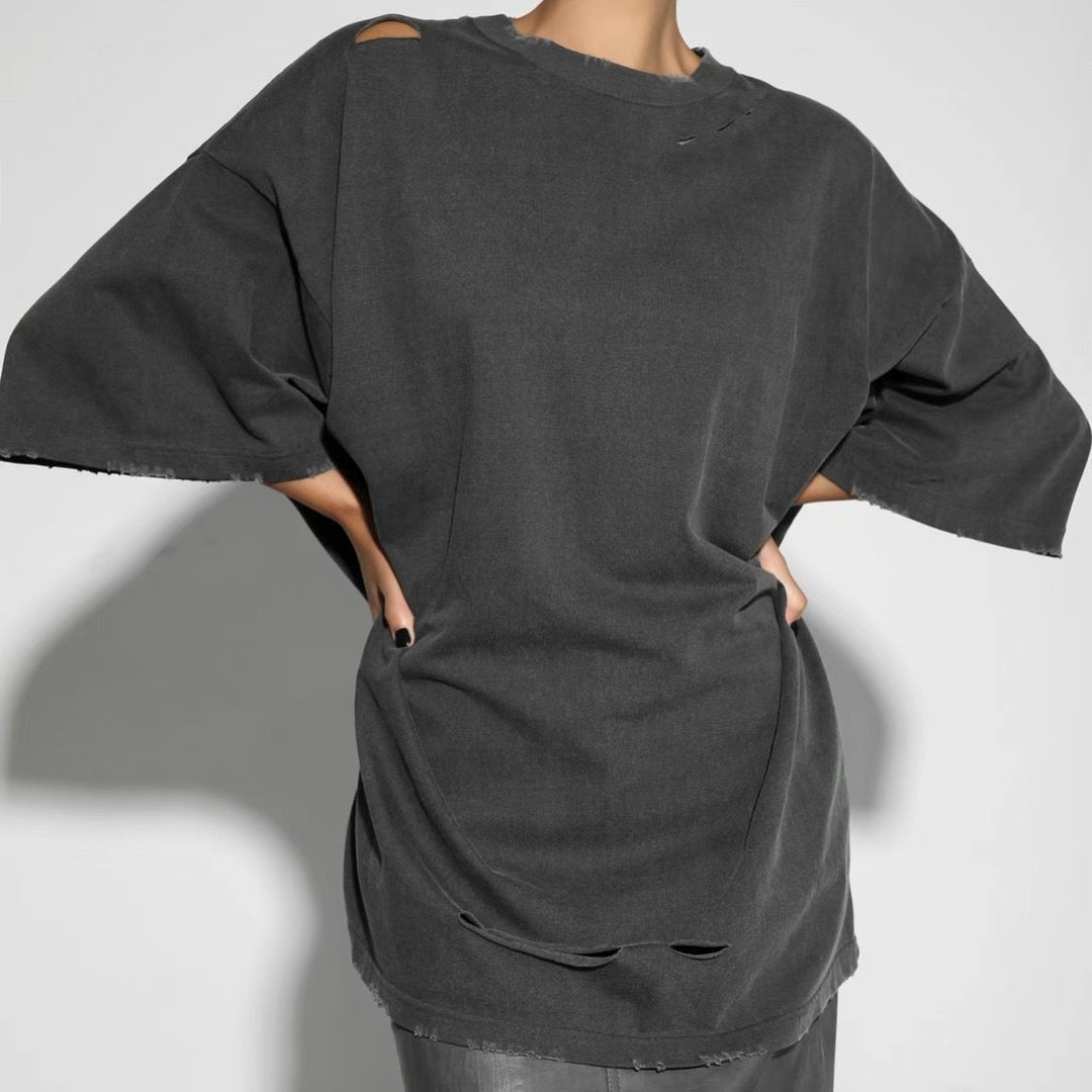 TP11236B- 韓國嘻哈磨爛破洞短袖oversize T-shirt