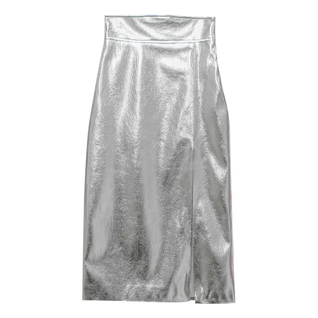 BT11123B - Metallic high-waisted slit hip-covering slim PU leather skirt