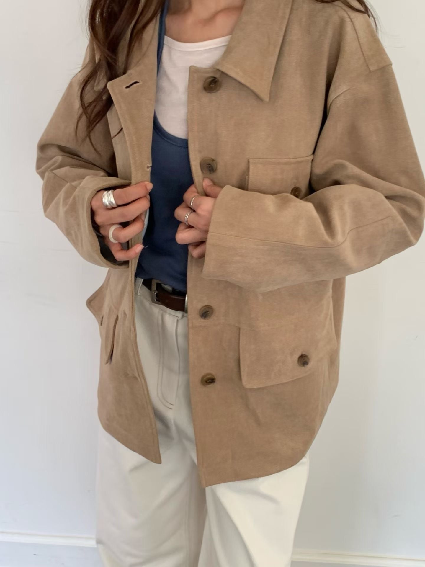 OT22018- 韓國復古寬鬆工裝大口袋翻領高品質防麂皮外套