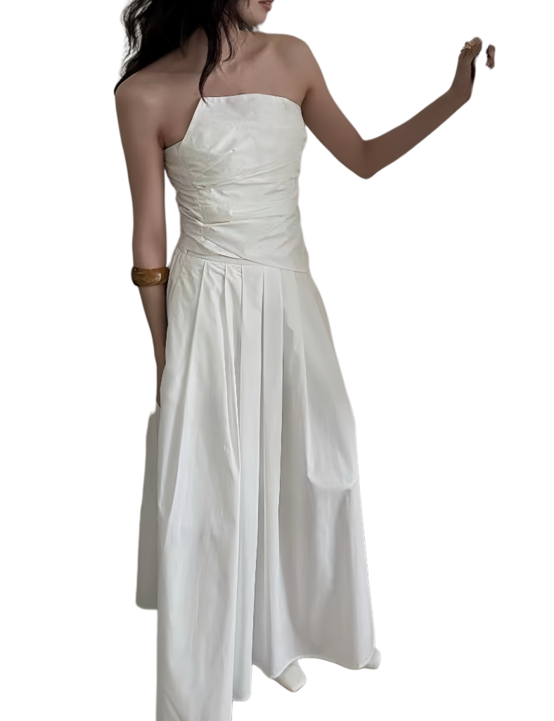 ST21506 - Designer niche asymmetrical pleated strapless top and A-line skirt set