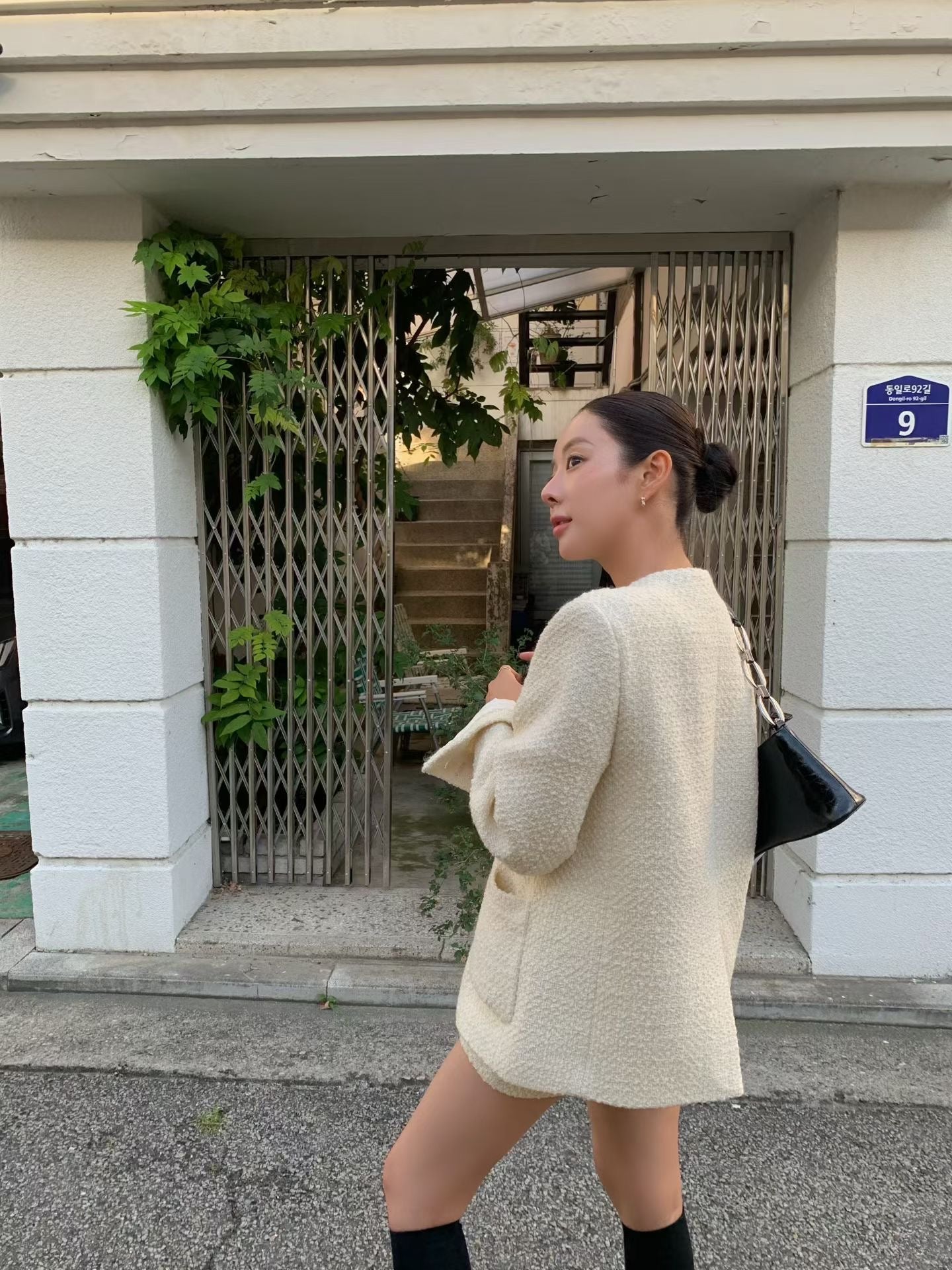 ST21900- 韓國小香風氣質粗花呢外套與短褲套裝