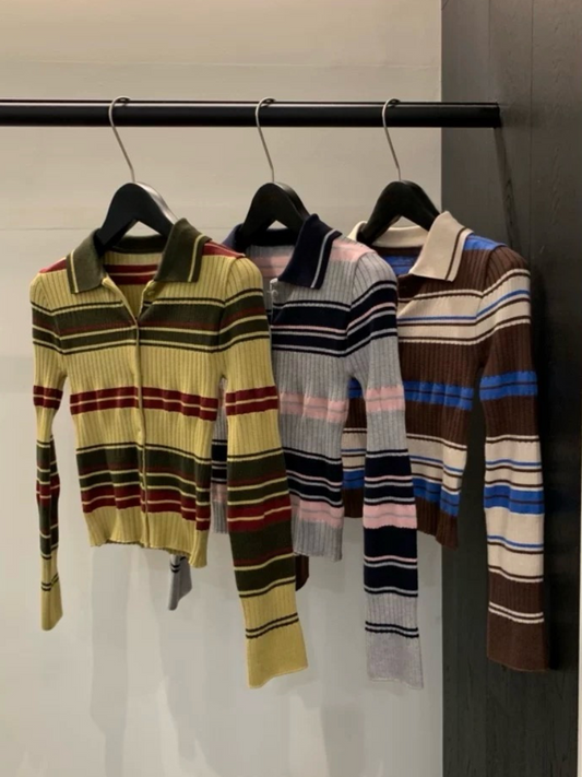 TP22006- 韓國短身復古修身撞色條紋毛衣針織開襟衫