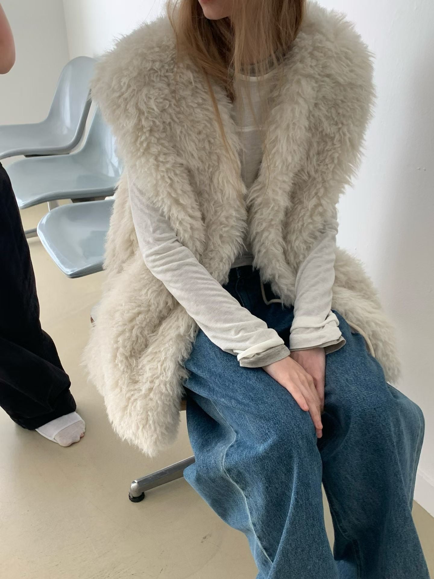 OT21998- 韓國V領fake fur羊羔毛环保皮草馬甲背心