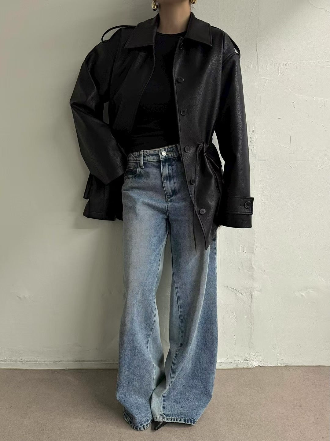 JK22089- 韓國PU皮革寬鬆機車外套