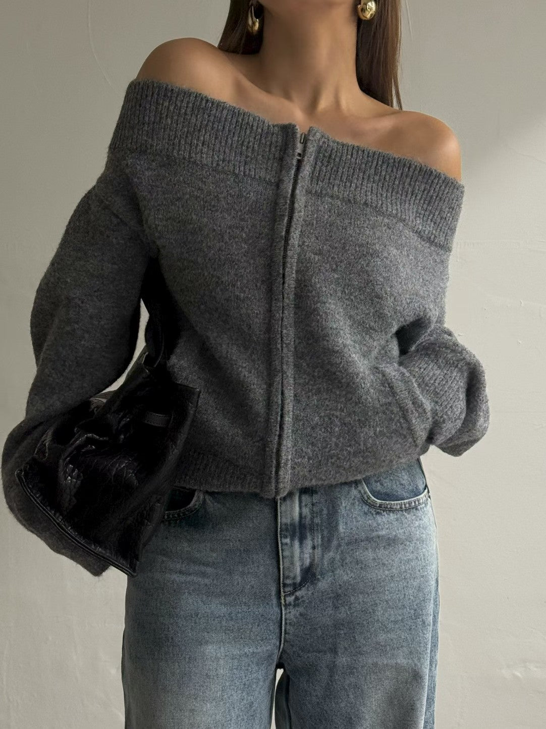 TP22086- 韓國法式羊毛混紡一字領寬鬆長袖毛衣