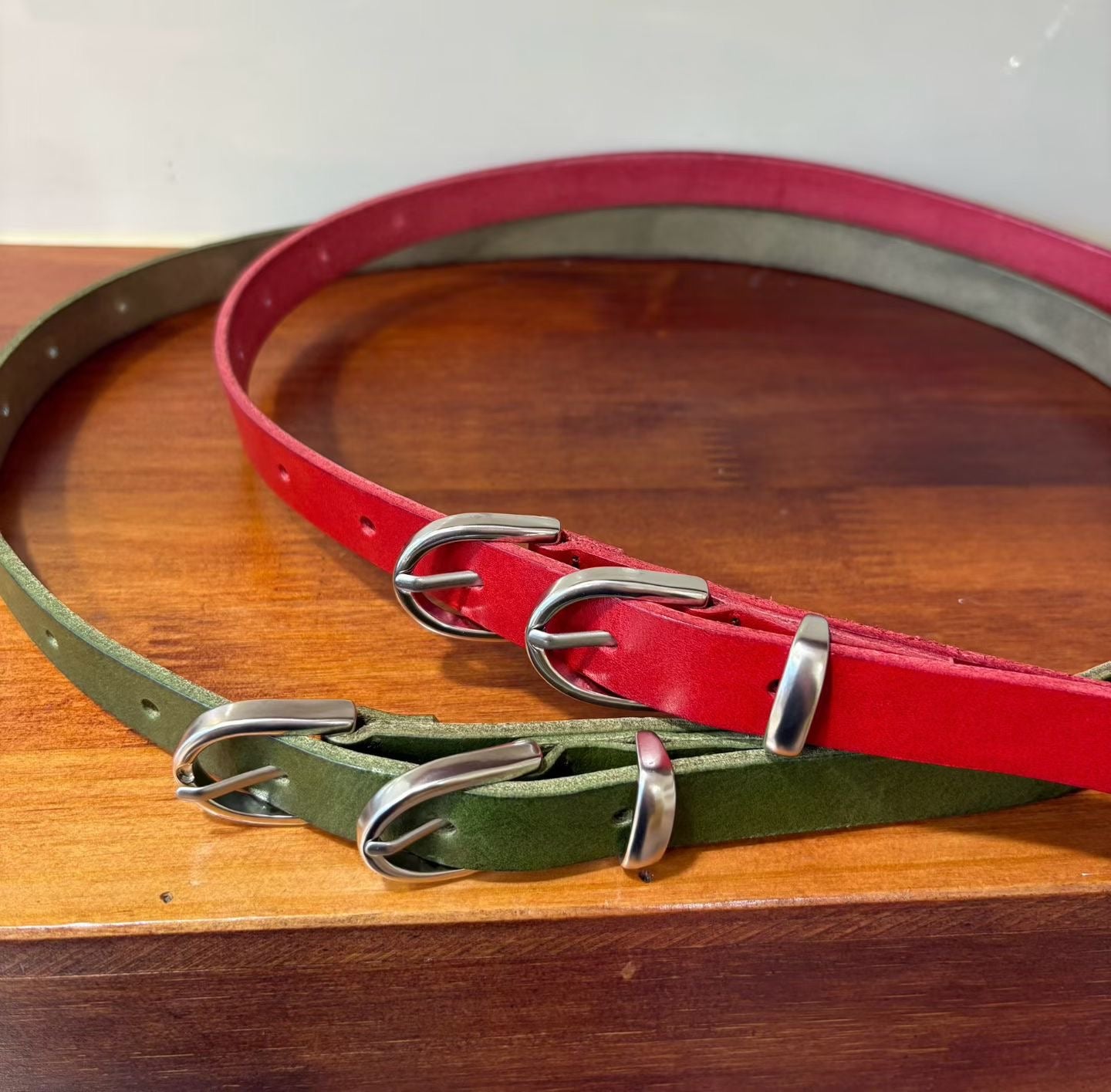 AC22039- 韓國雙環扣真牛皮細版皮帶