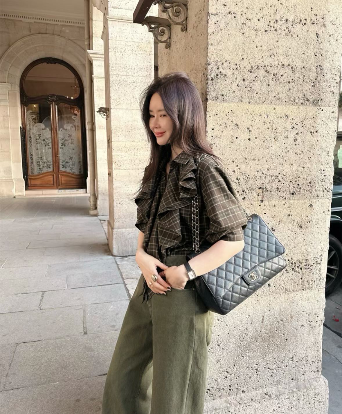 TP22073- 韓國設計師款復古浪漫格紋荷葉邊長袖襯衫