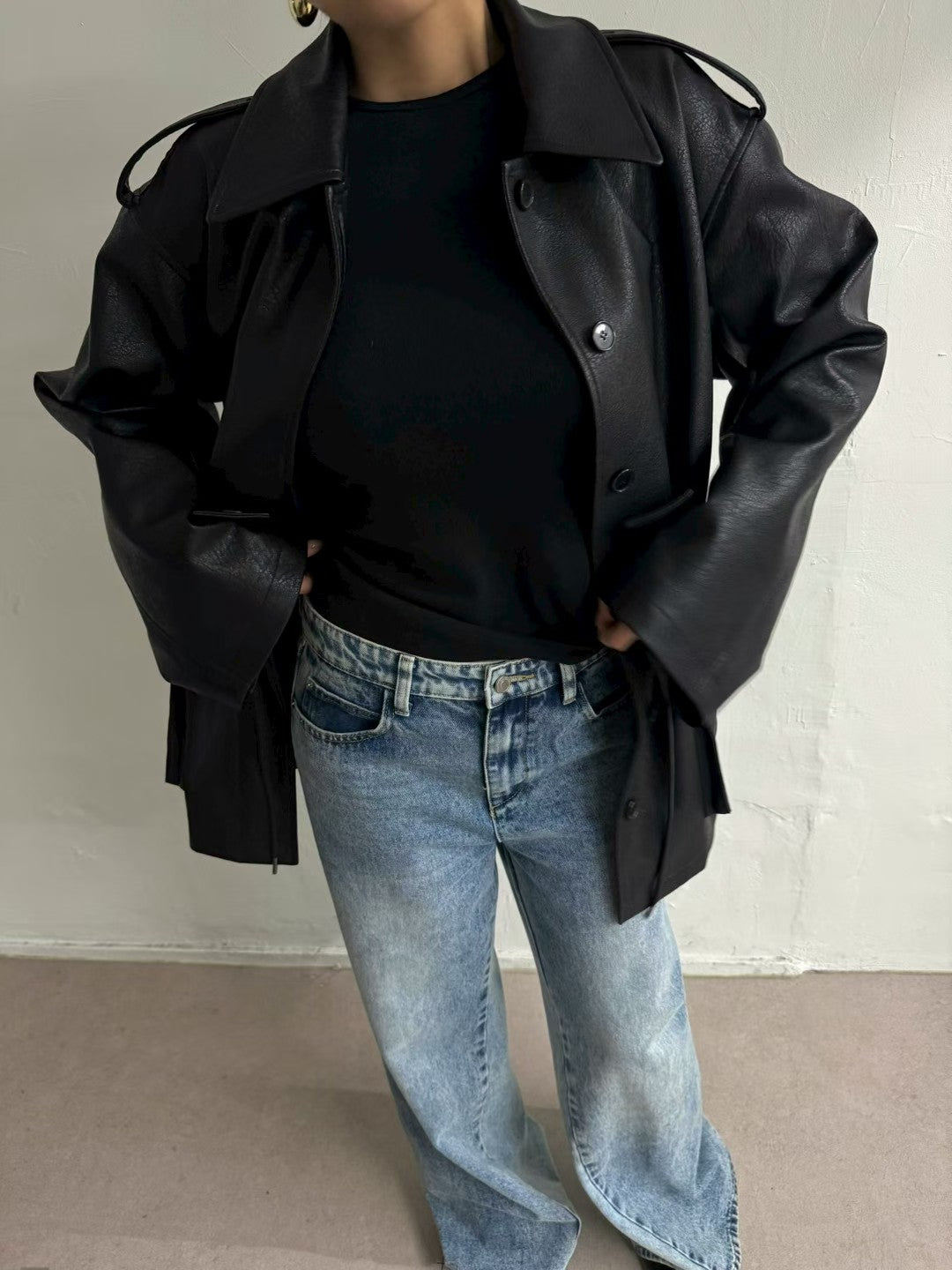 JK22089- 韓國PU皮革寬鬆機車外套