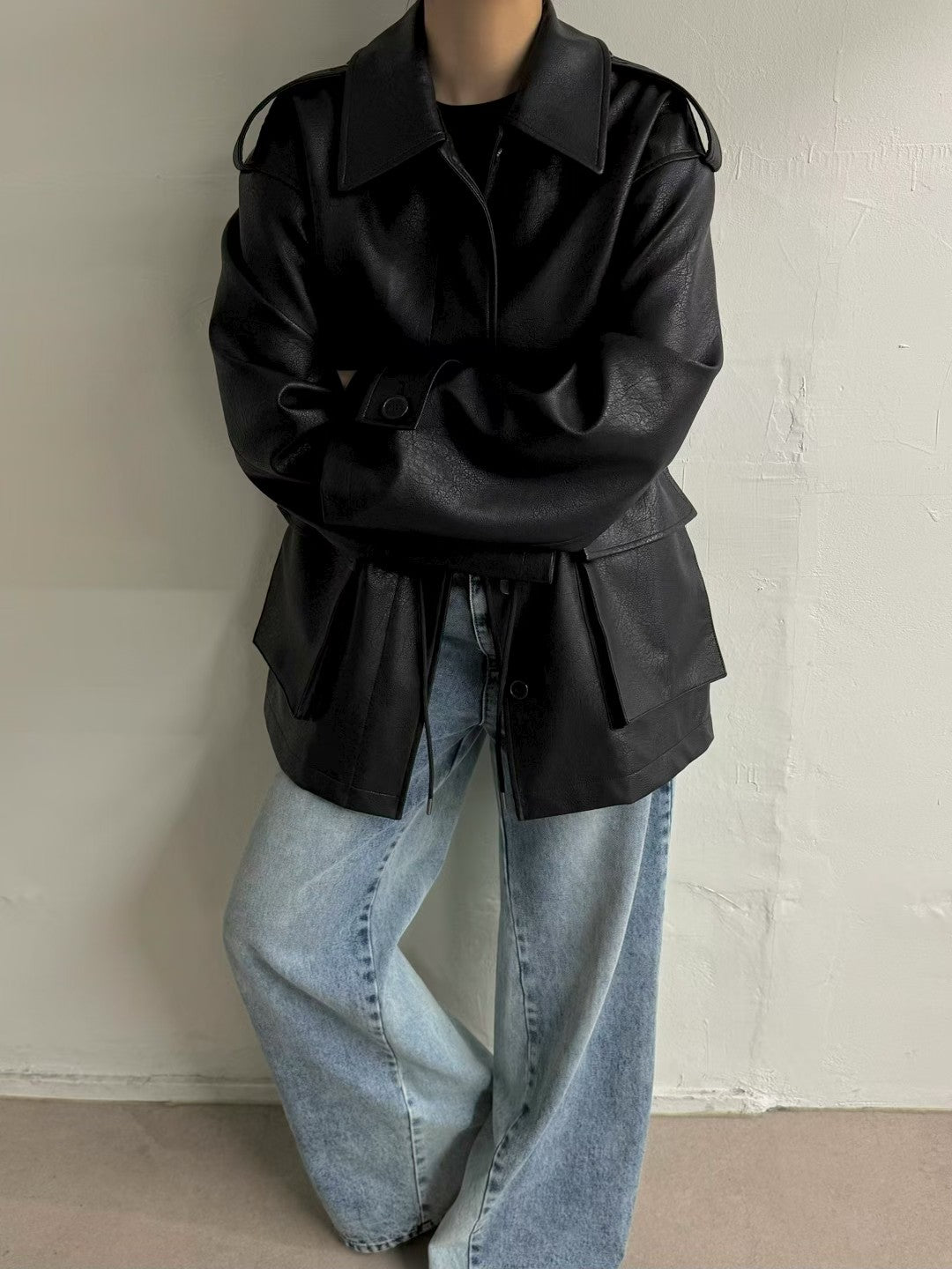 JK22089- 韓國PU皮革寬鬆機車外套