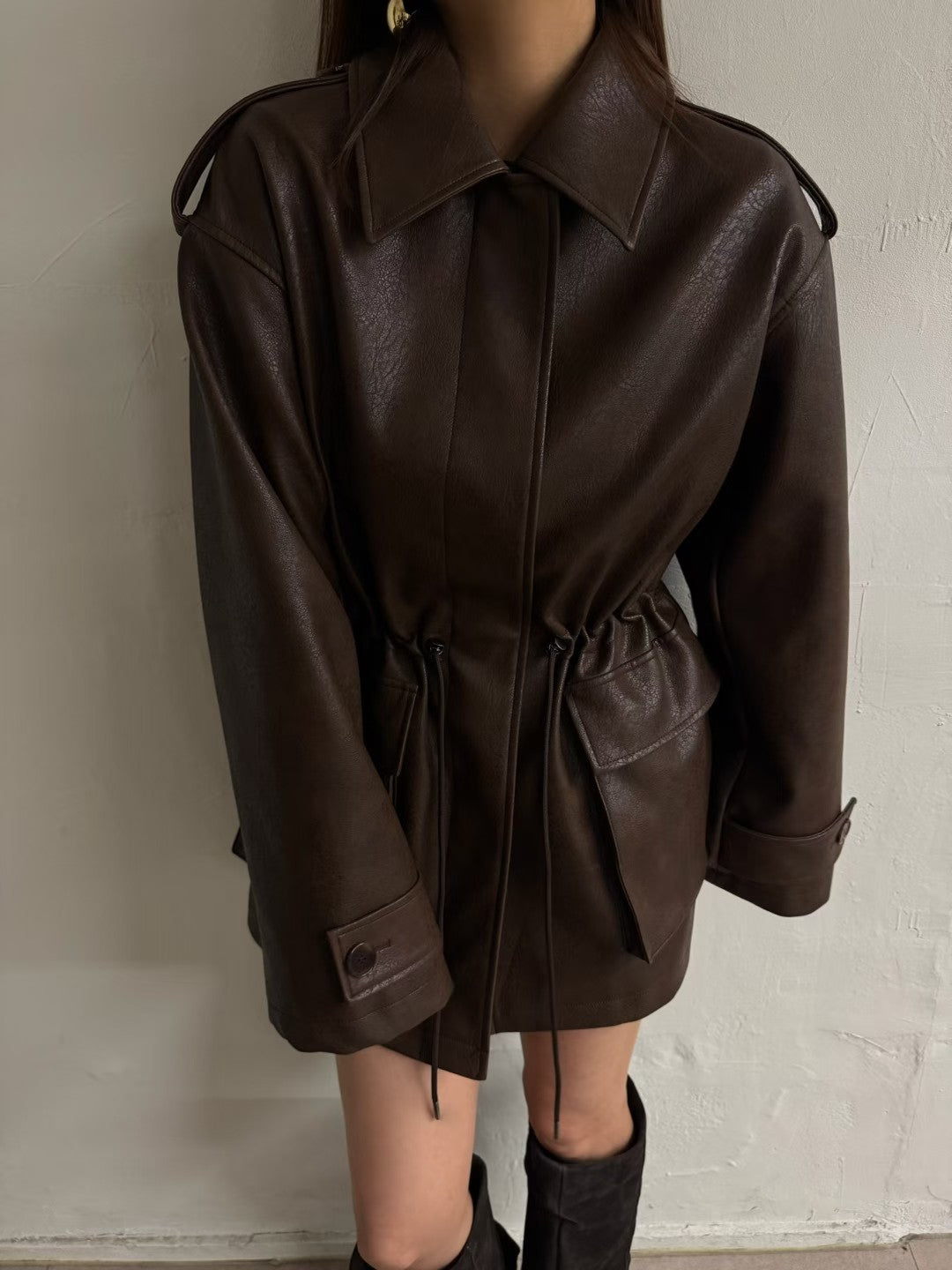 JK22089- 韓國PU皮革寬鬆機車外套