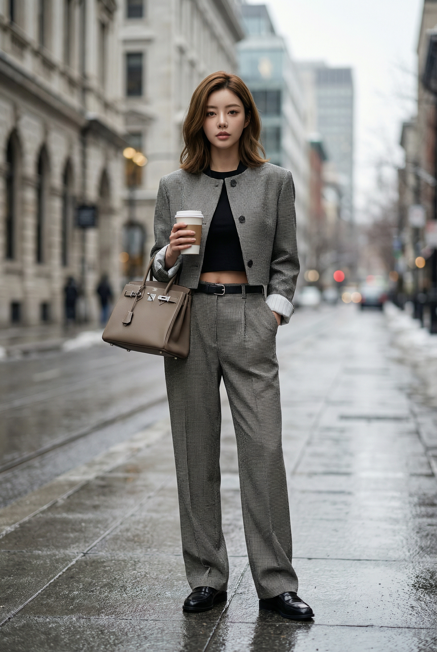 ST22306- 韓國設計師早春新款「英倫風」格紋圓領短版套裝