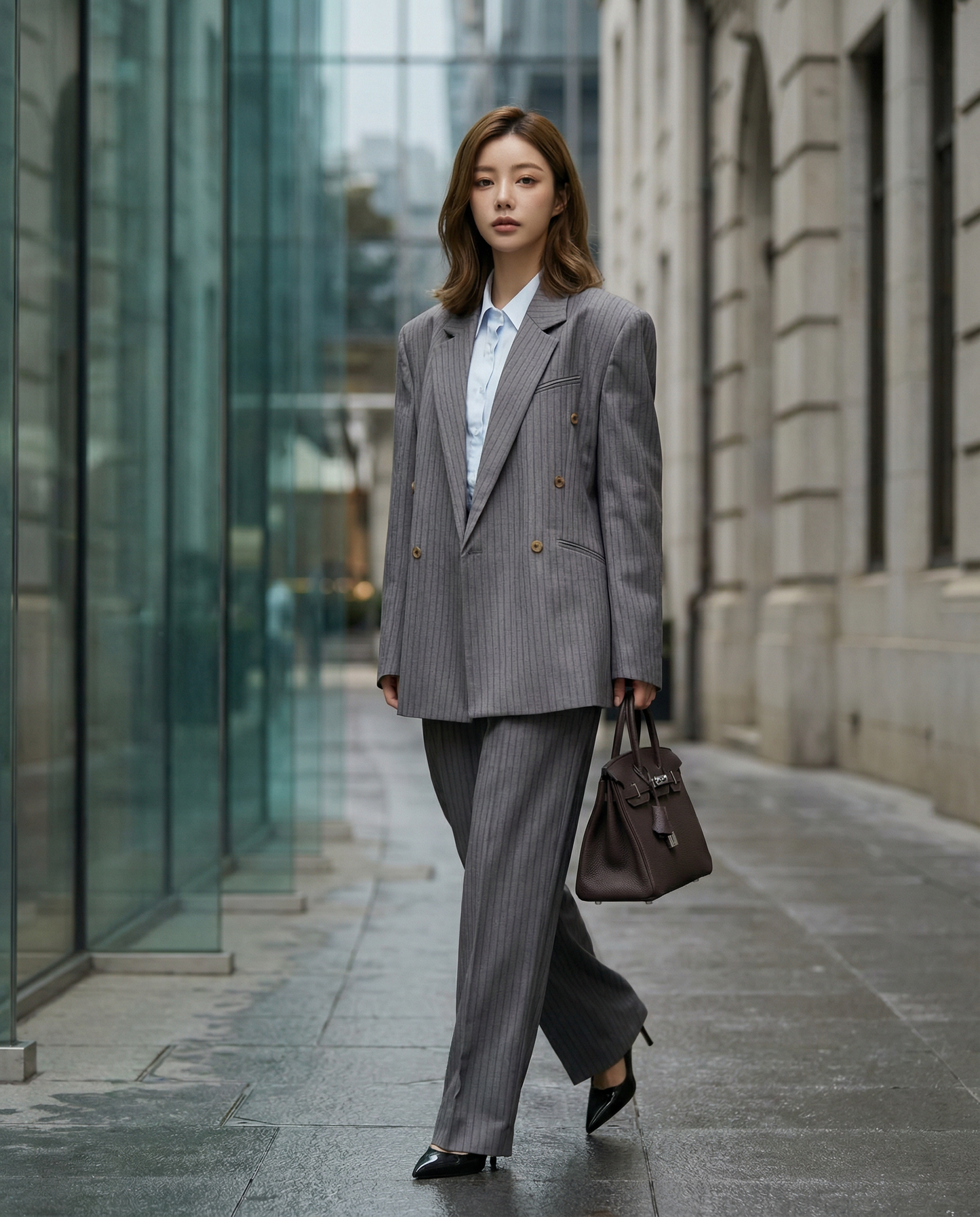 ST22602- 韓國設計師早春新款條紋雙排扣西裝