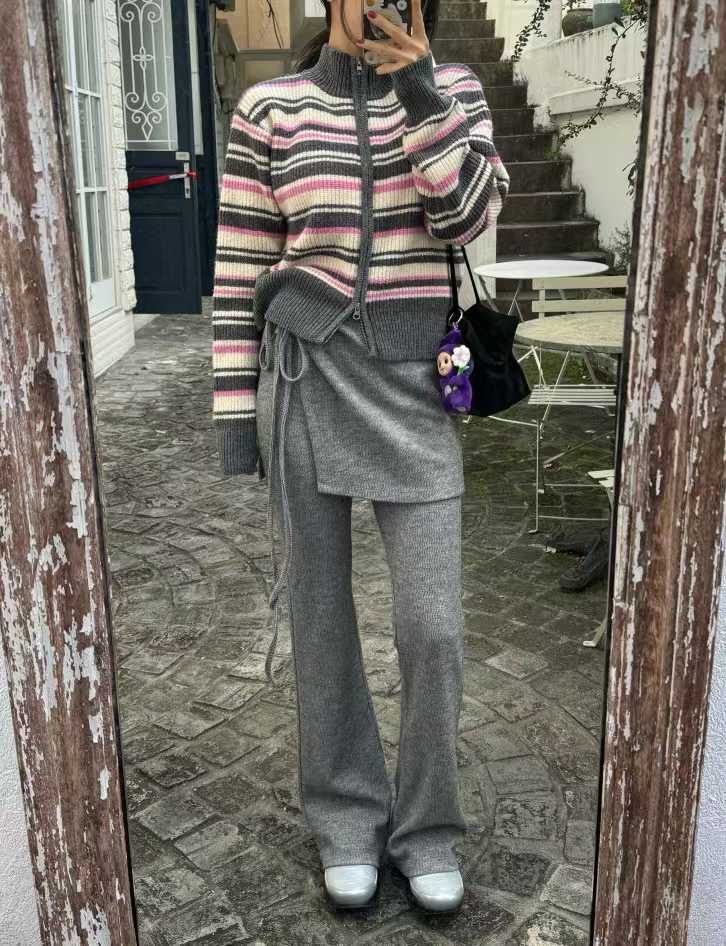 TP22080- 韓國高質感羊駝毛混紡條紋休閒針織外套