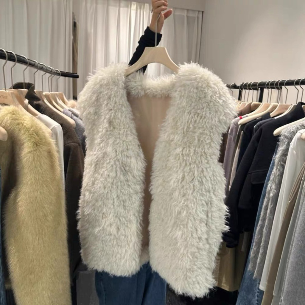 OT21998- 韓國V領fake fur羊羔毛环保皮草馬甲背心