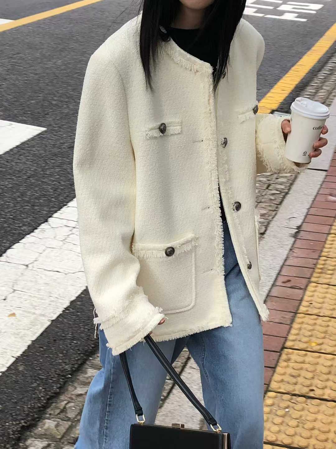 JK22086B- 韓國小香風輕奢優雅粗花呢外套