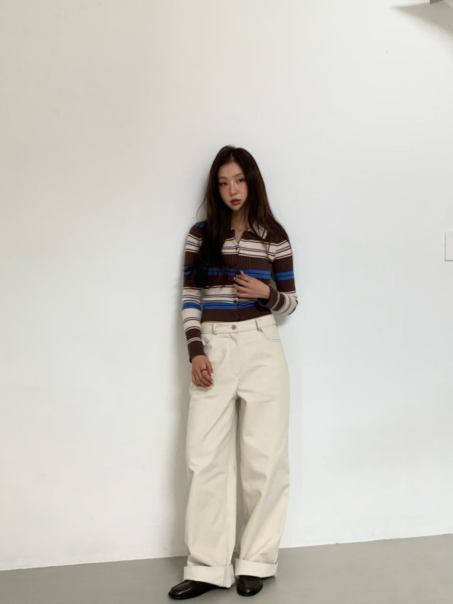 TP22006- 韓國短身復古修身撞色條紋毛衣針織開襟衫