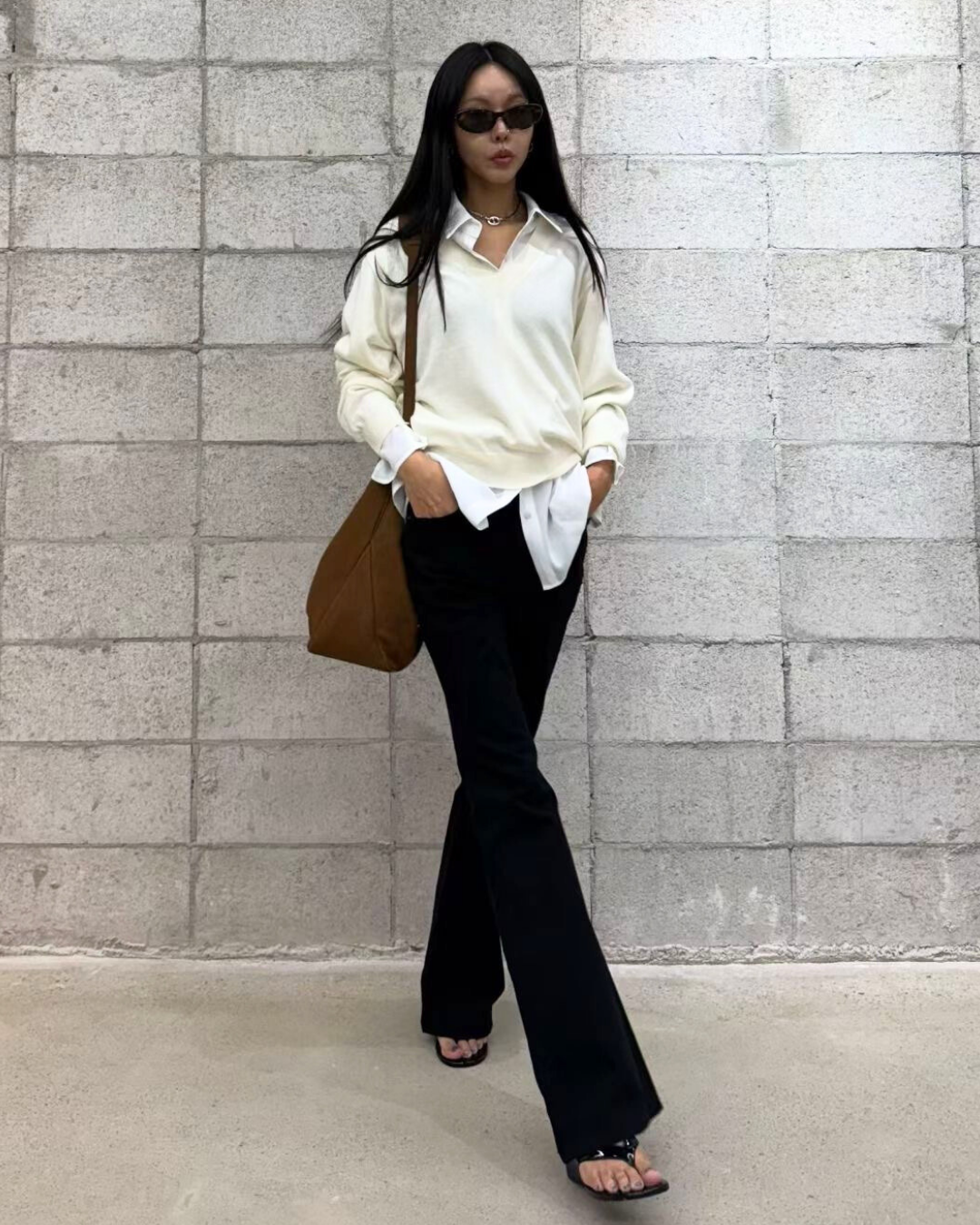 ST22030- 韓國拼色百褶裙配真絲羊毛透薄V領長袖