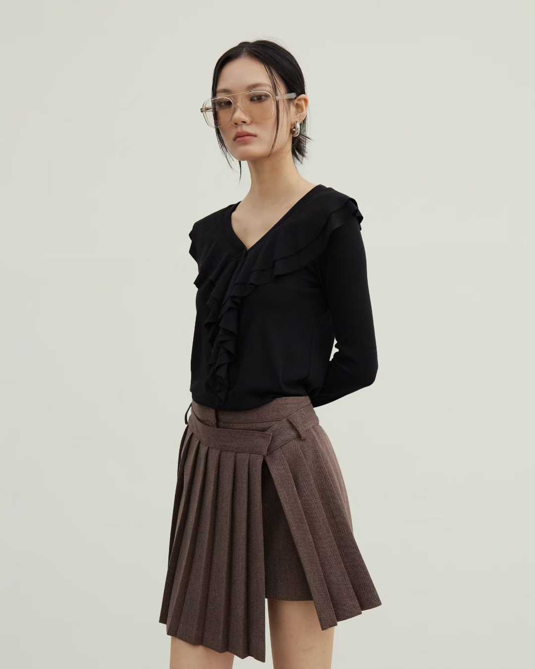 TP22016- 韓國設計師款荷葉領氣質修身長袖T恤上衣