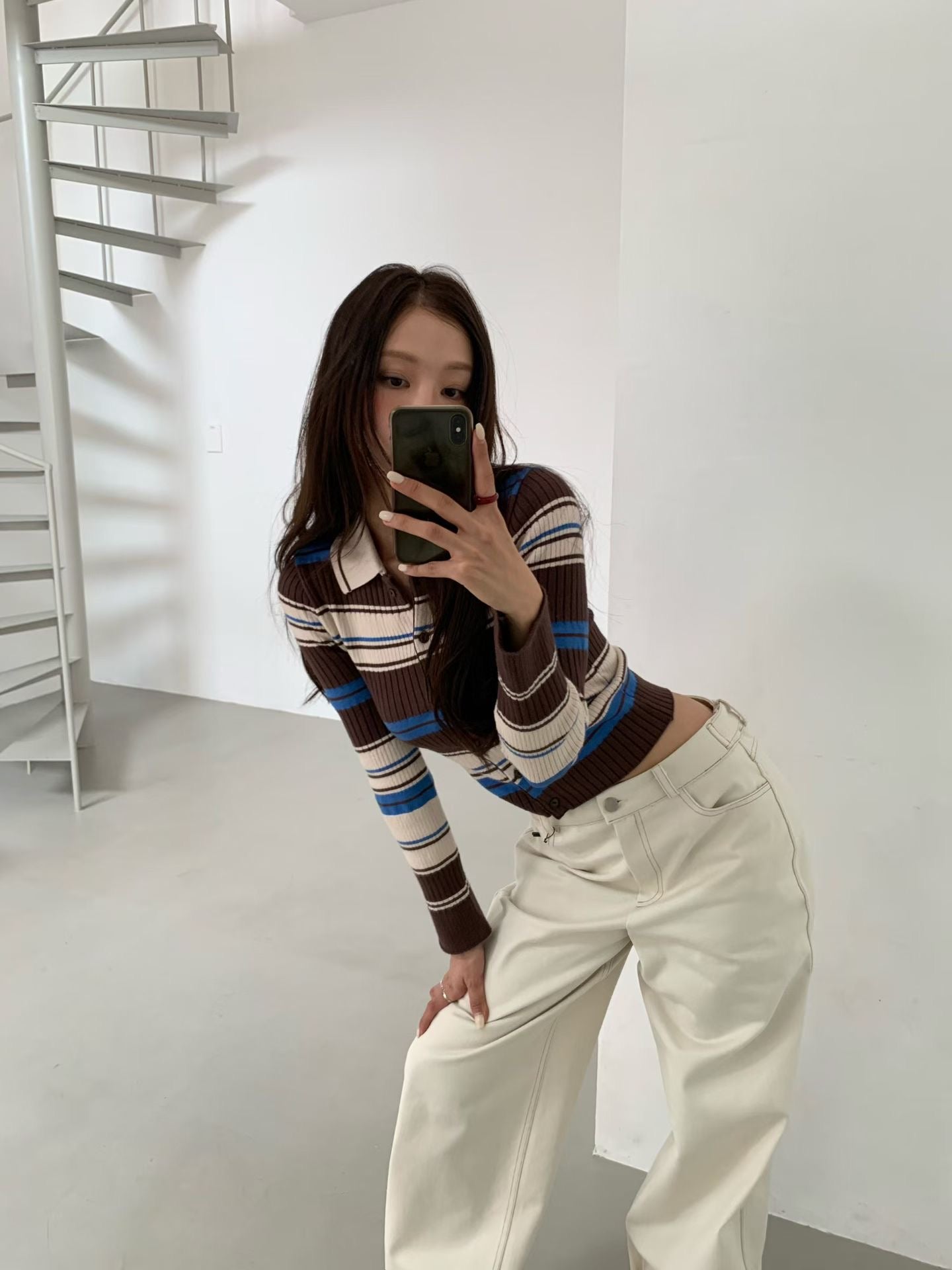 TP22006- 韓國短身復古修身撞色條紋毛衣針織開襟衫