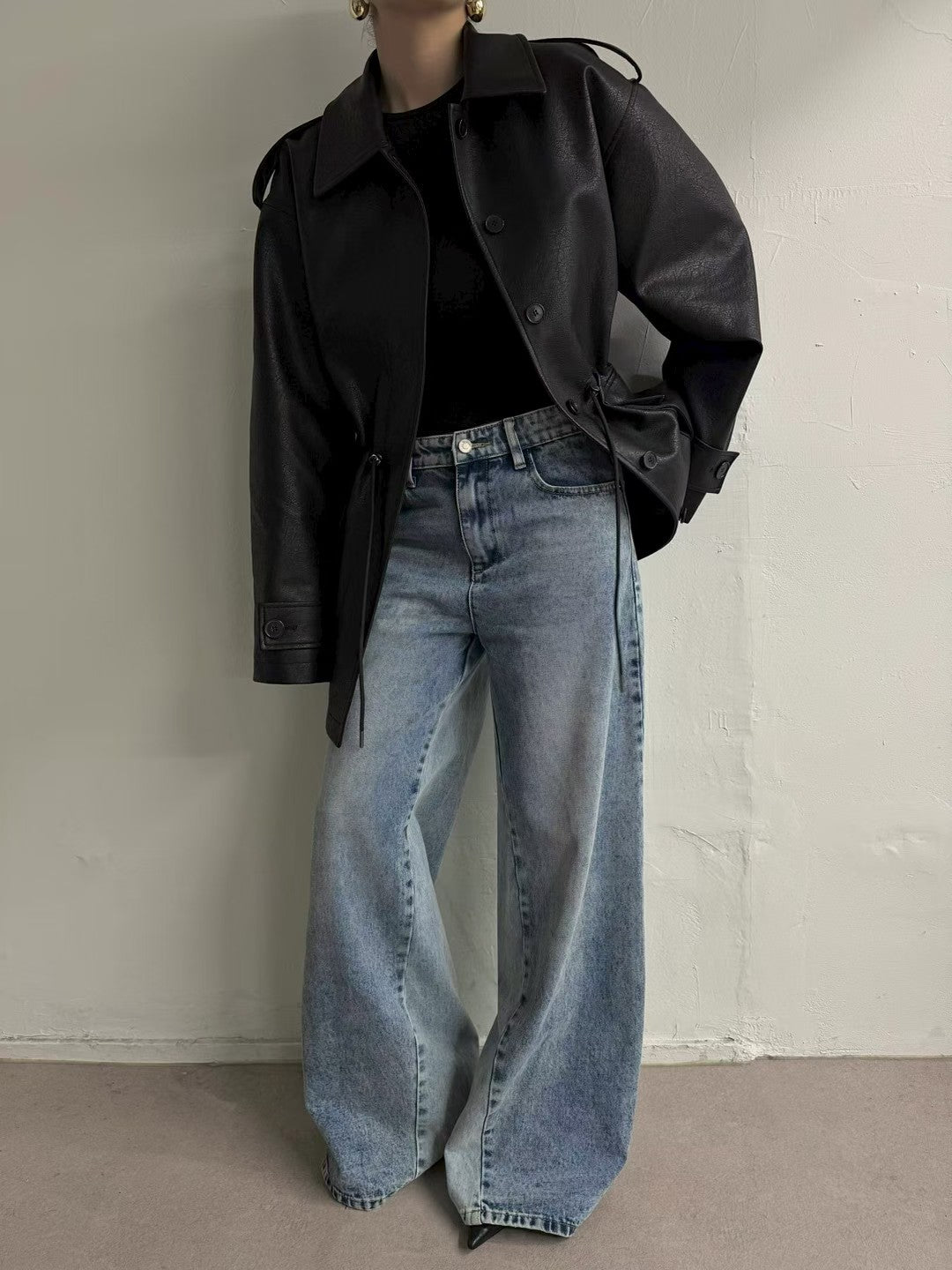 JK22089- 韓國PU皮革寬鬆機車外套