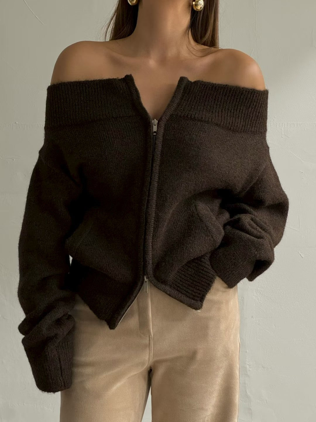 TP22086- 韓國法式羊毛混紡一字領寬鬆長袖毛衣