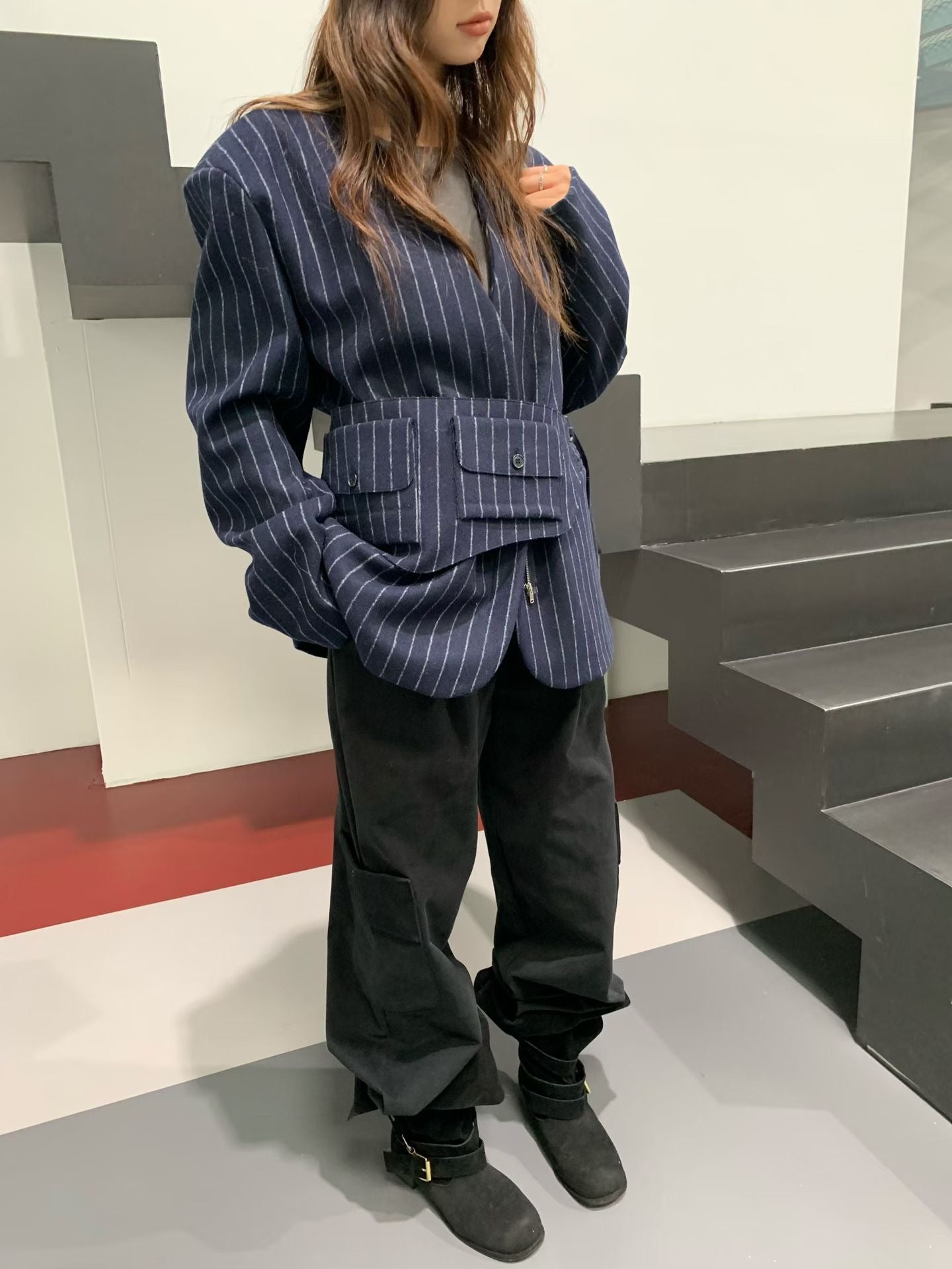 JK22083- 韓國率性無領條紋拉鍊西裝外套