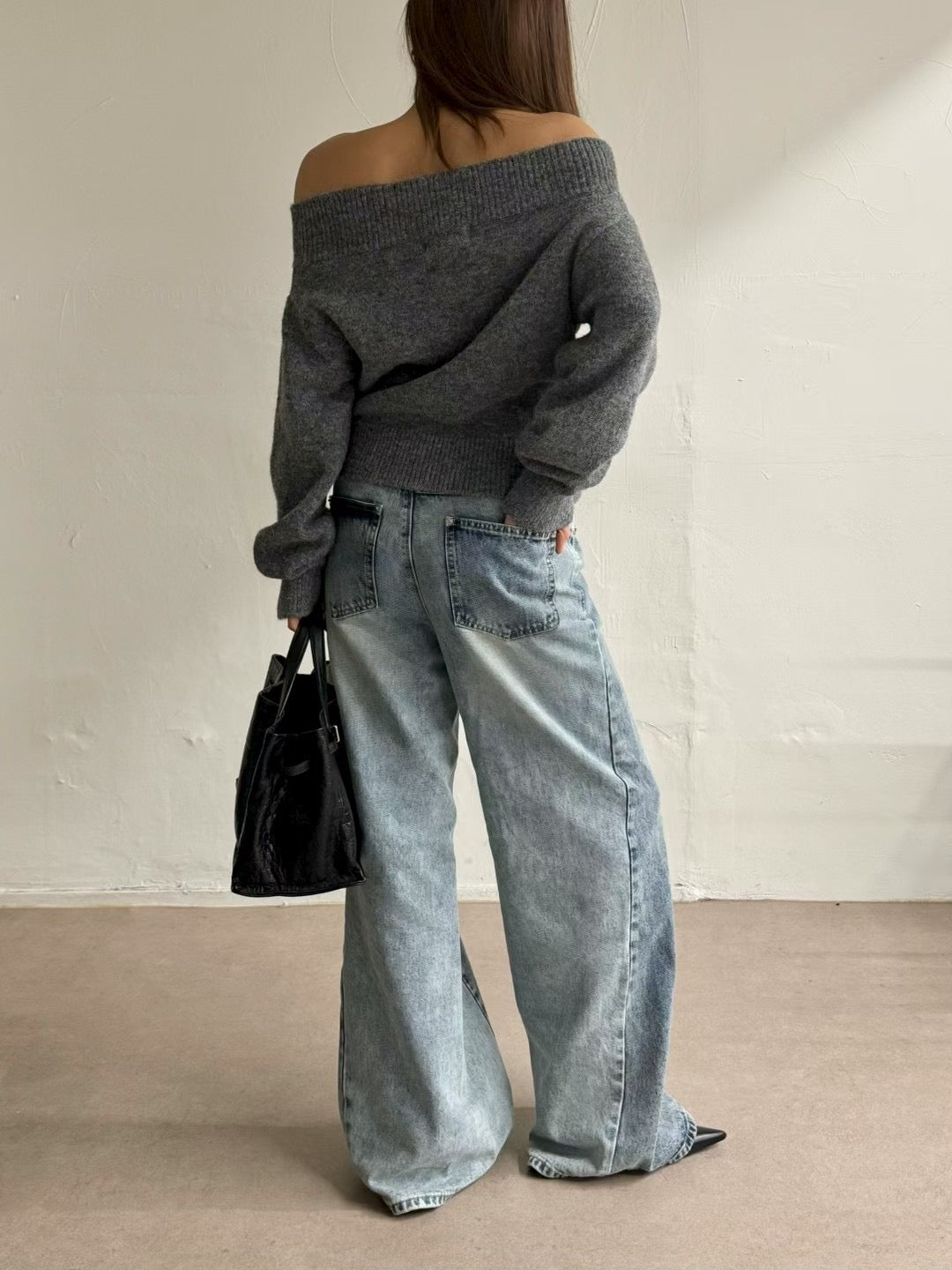 TP22086- 韓國法式羊毛混紡一字領寬鬆長袖毛衣