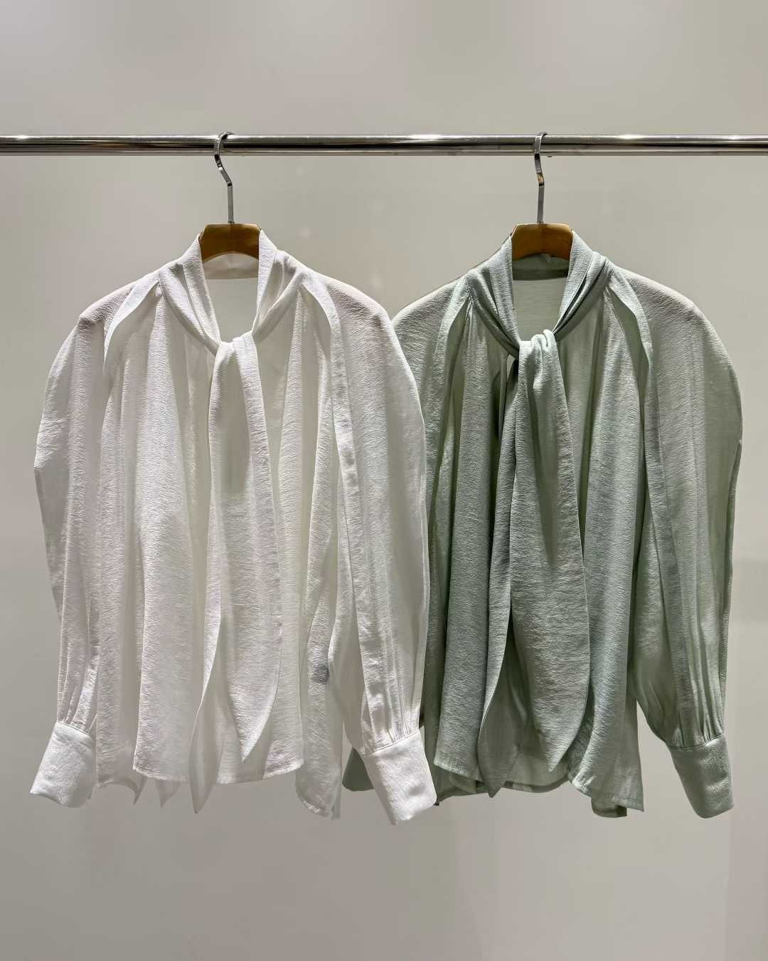 TP22301- 韓國設計師品牌早春新款法式優雅大領片繫帶垂墜襯衫