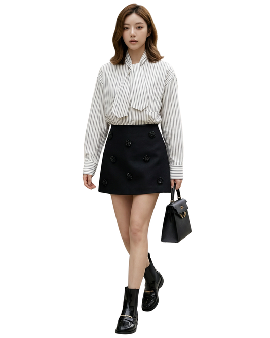 TP22309- 韓國早春新款法式繫帶條紋長袖襯衫