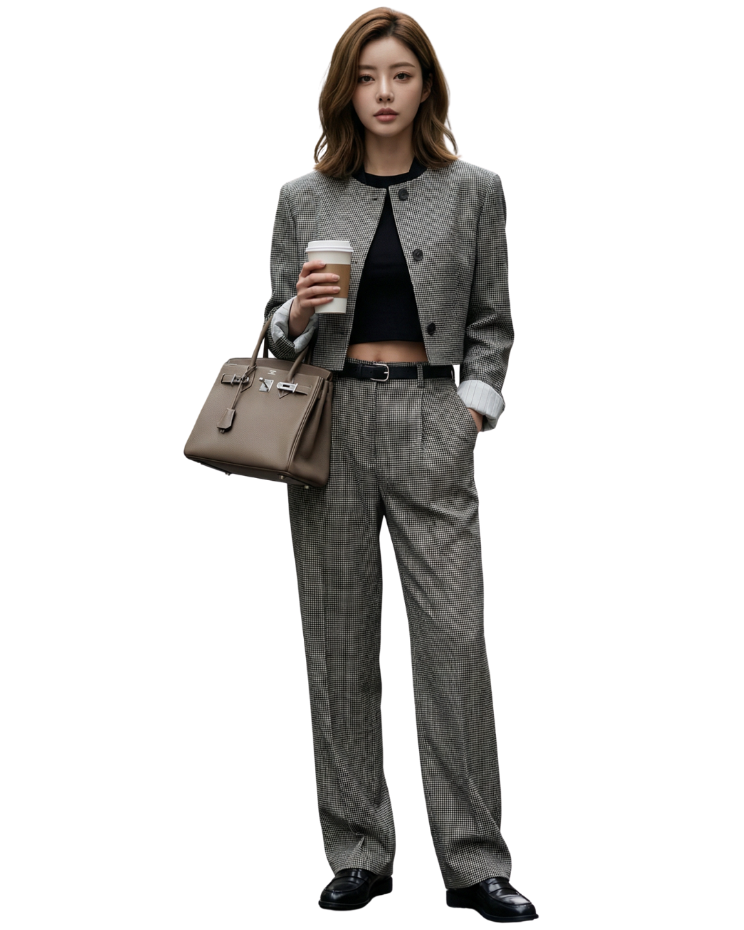 ST22306- 韓國設計師早春新款「英倫風」格紋圓領短版套裝