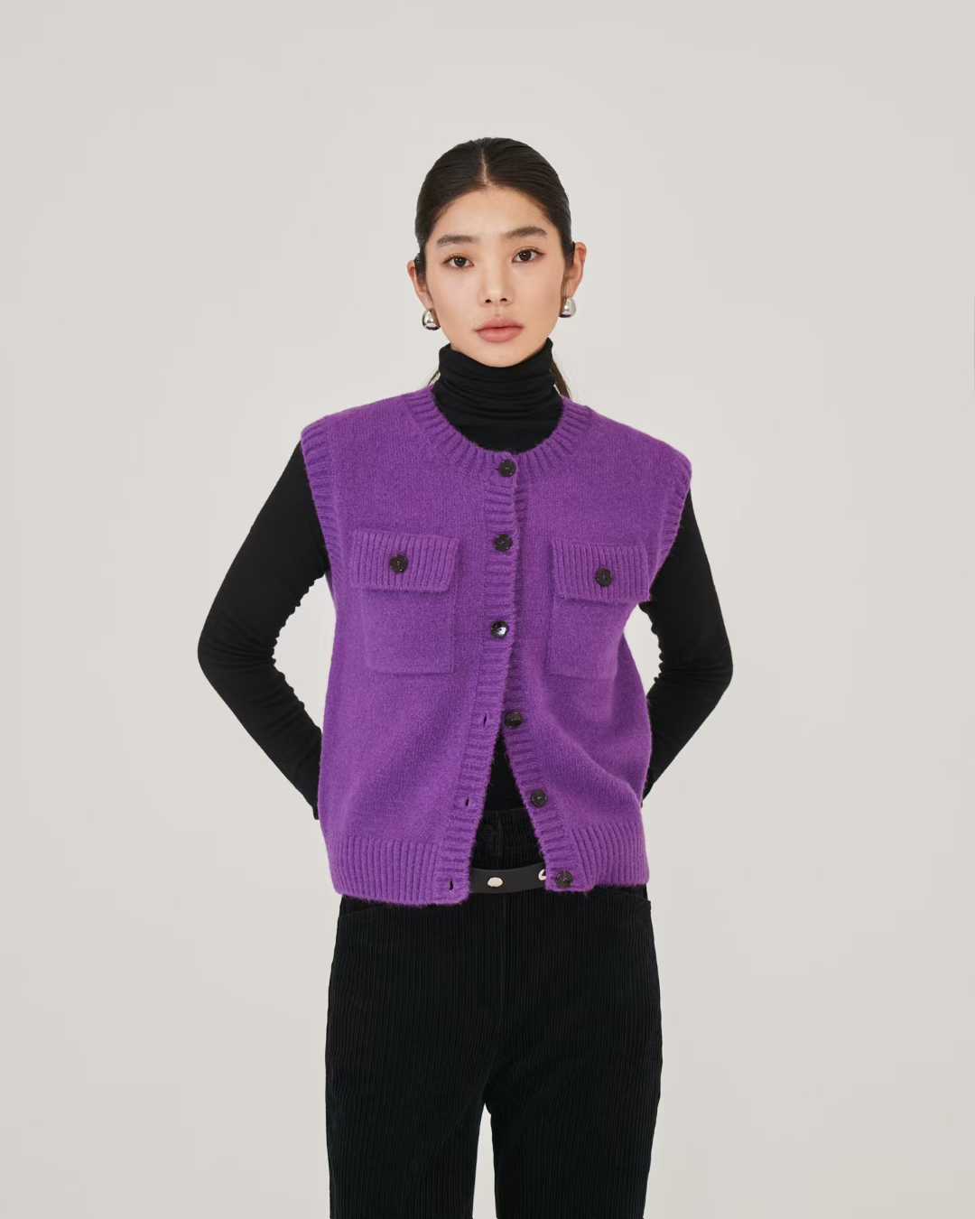 TP22078- 韓國設計師款學院復古雙口袋羊毛混紡針織背心