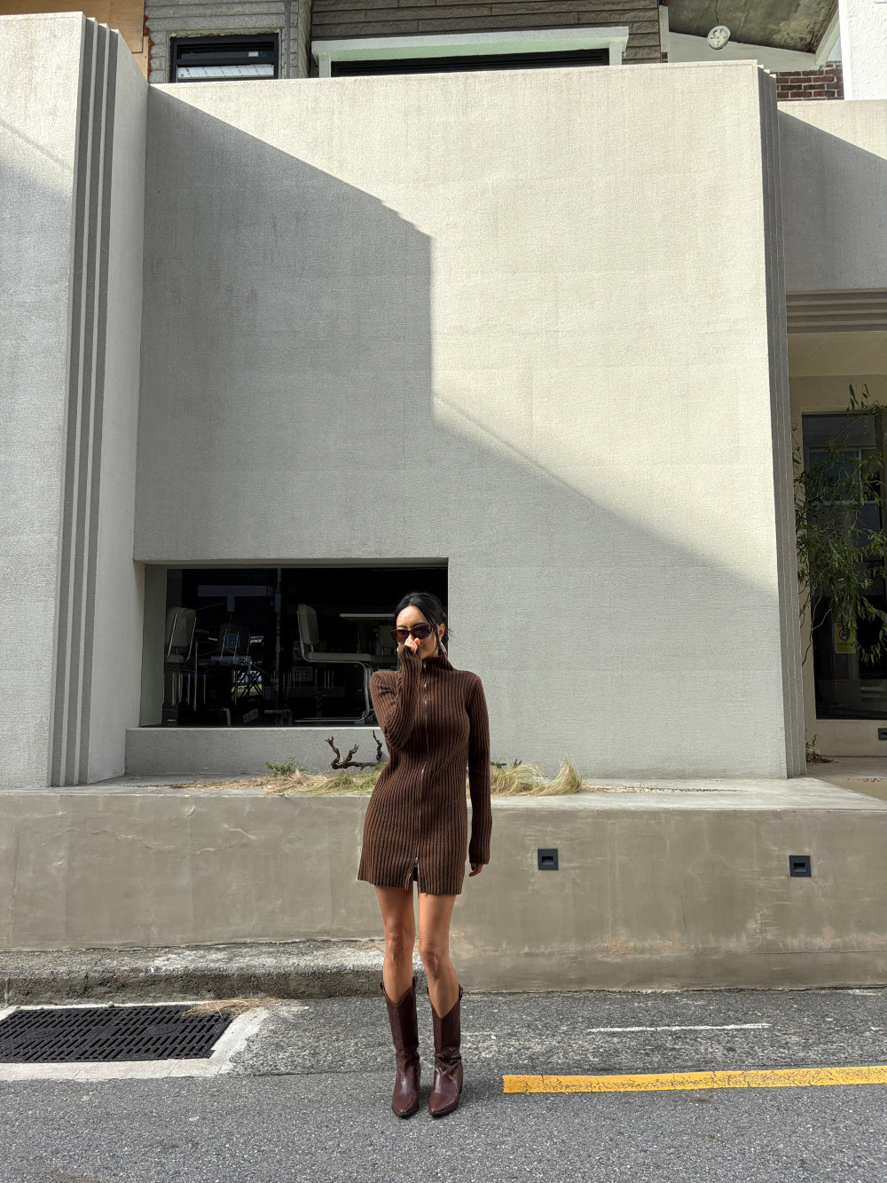 DS22072- 韓國設計師款式高領拉鍊針織洋裝