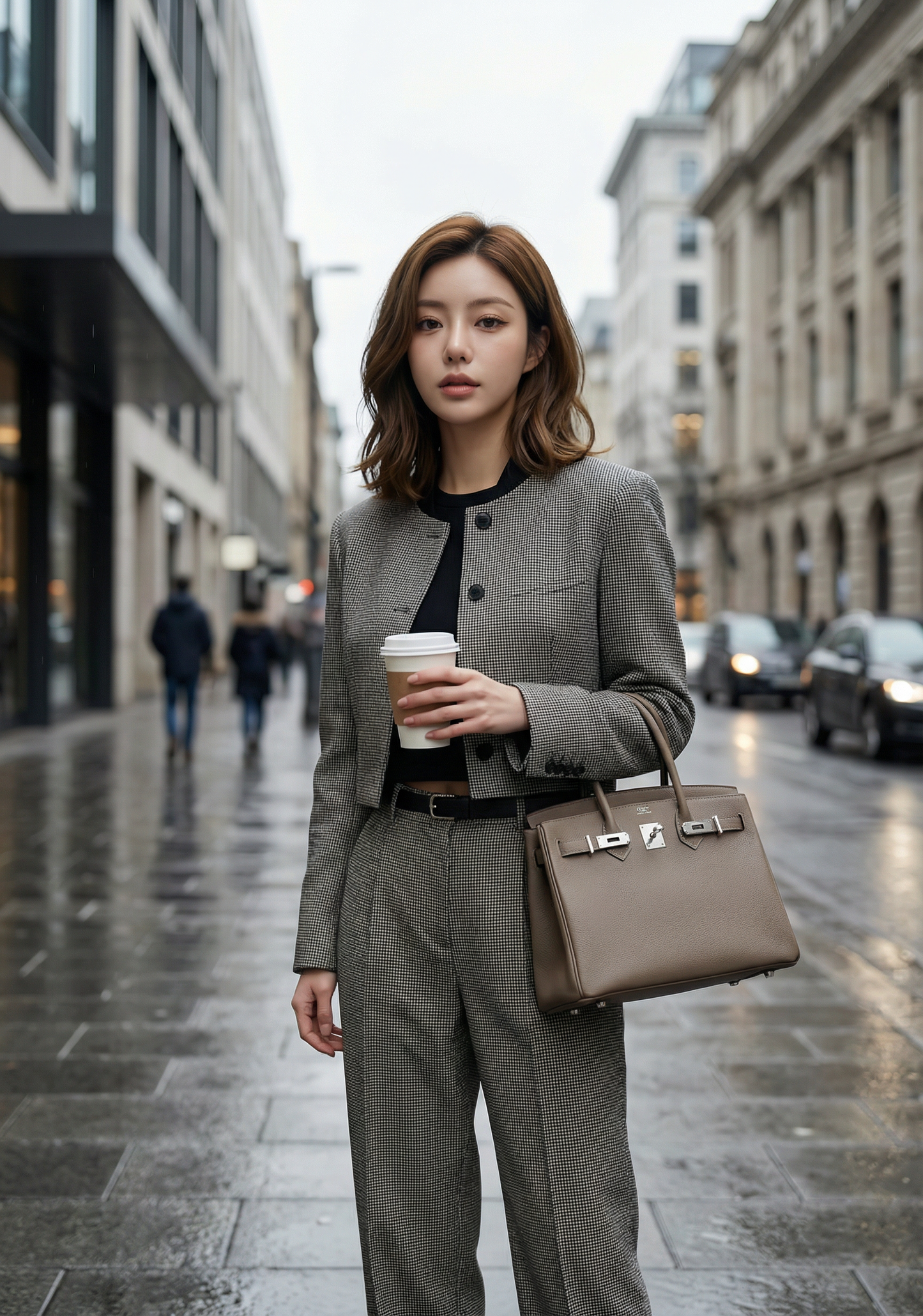 ST22306- 韓國設計師早春新款「英倫風」格紋圓領短版套裝