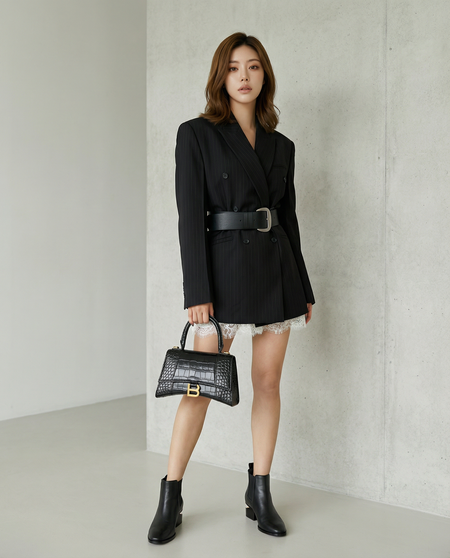 ST22602- 韓國設計師早春新款條紋雙排扣西裝