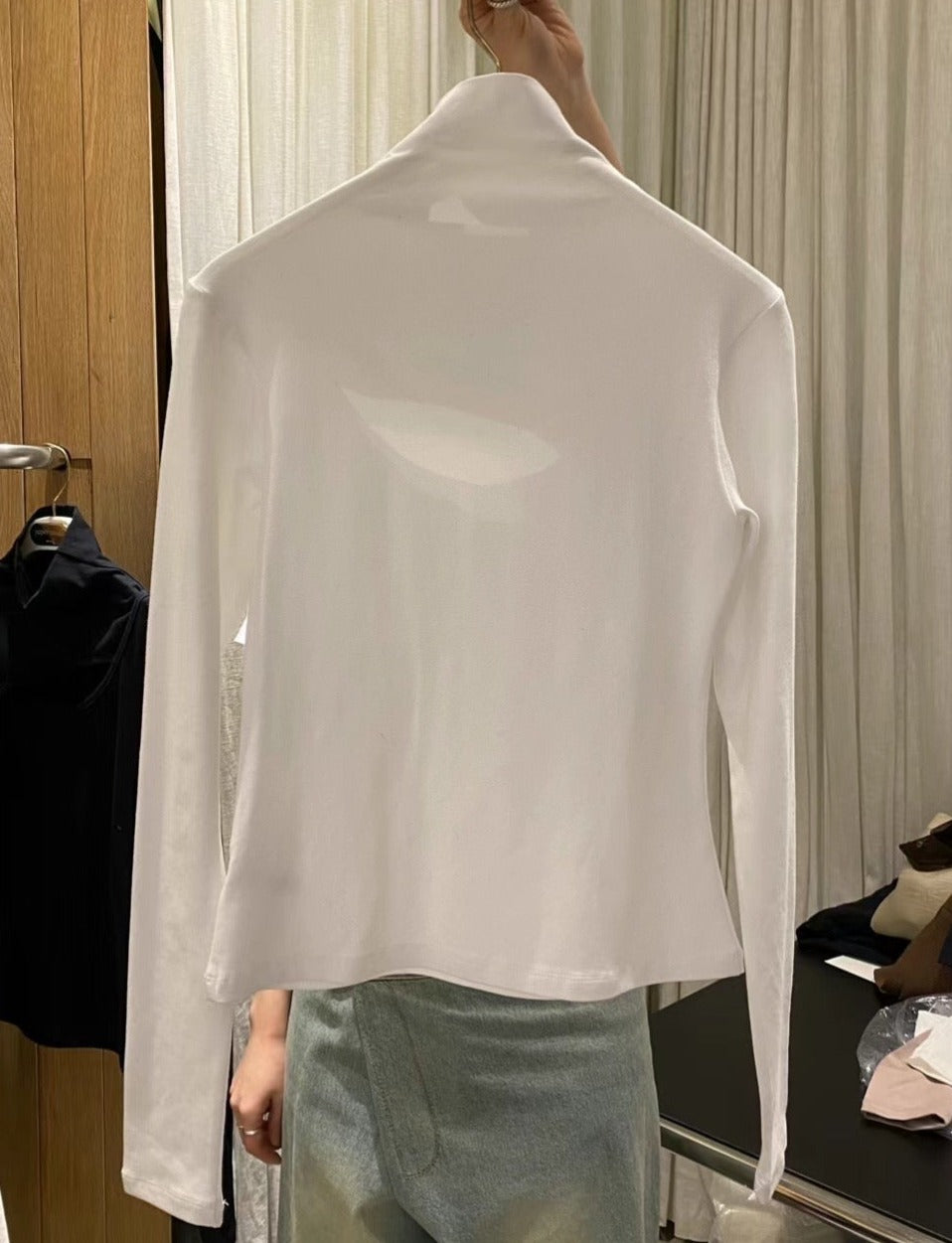 TP11336- Korean mid-front hollow turtleneck slim solid color long-sleeved T-shirt