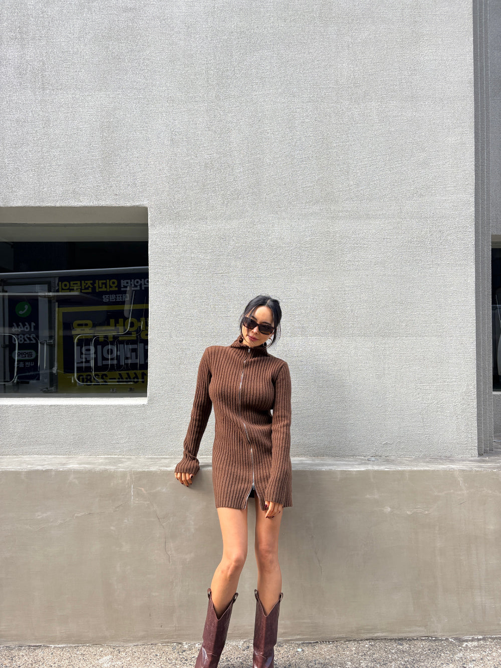 DS22072- 韓國設計師款式高領拉鍊針織洋裝