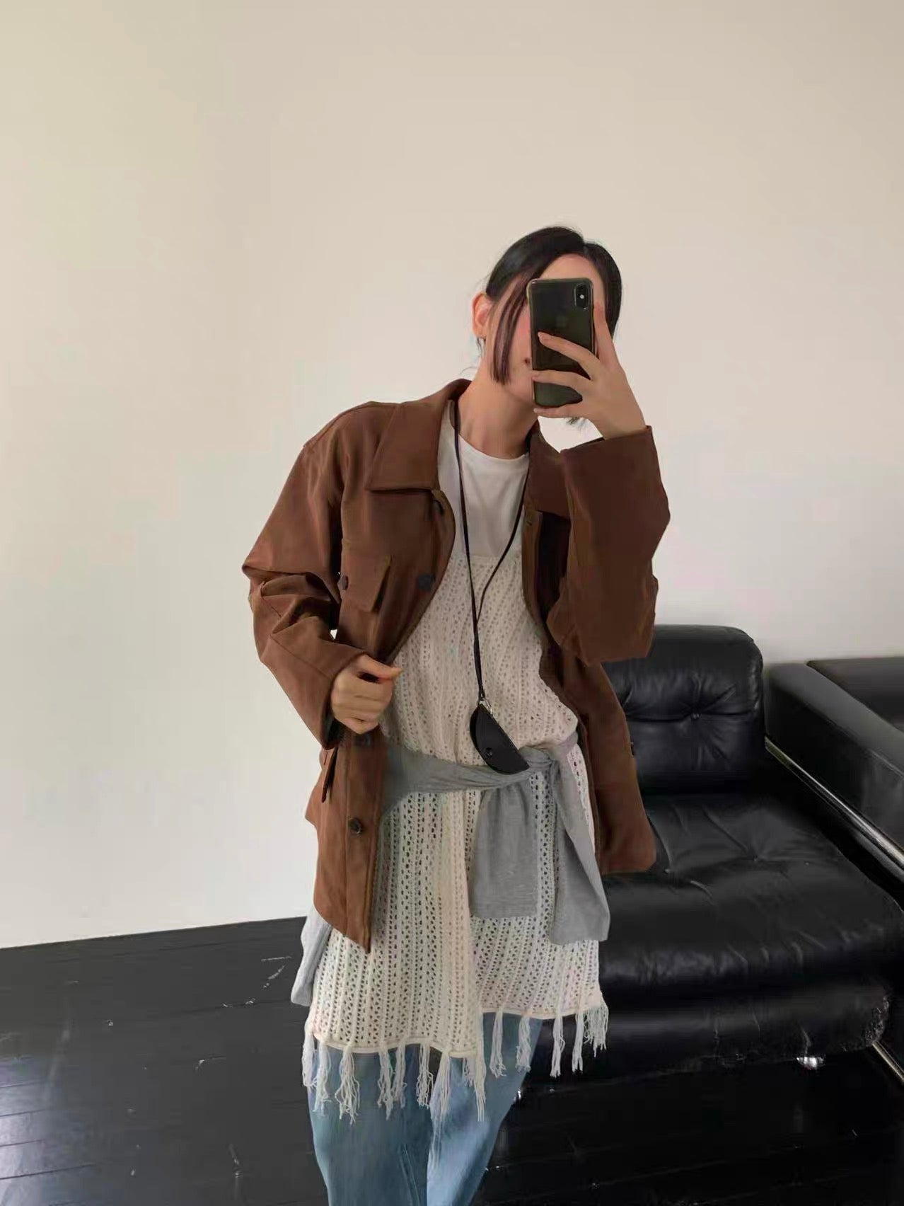 OT22018- 韓國復古寬鬆工裝大口袋翻領高品質防麂皮外套