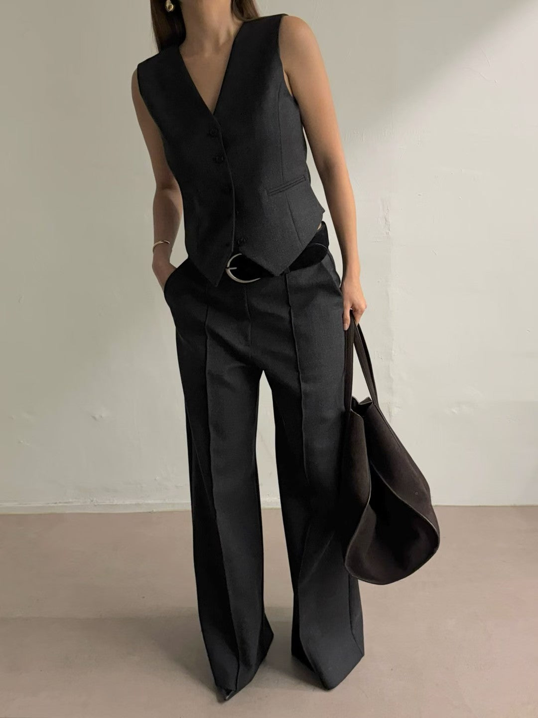 ST22090- 韓國西裝馬甲背心 + 寬鬆直筒褲兩件套