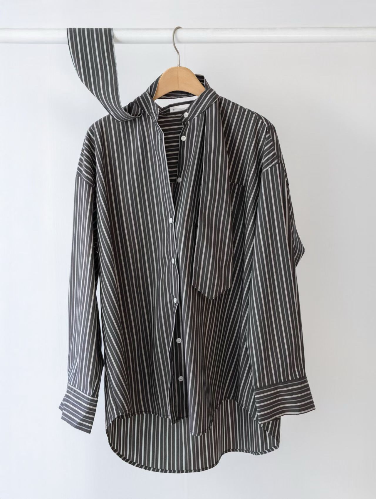 TP22309- 韓國早春新款法式繫帶條紋長袖襯衫