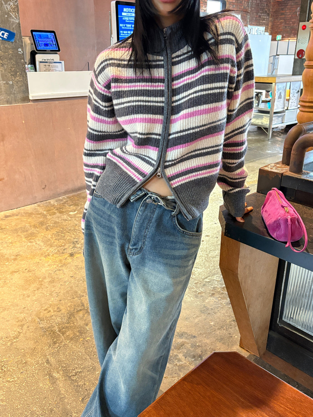 TP22080- 韓國高質感羊駝毛混紡條紋休閒針織外套