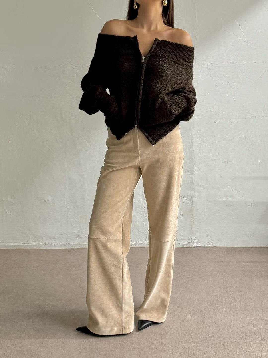 TP22086- 韓國法式羊毛混紡一字領寬鬆長袖毛衣