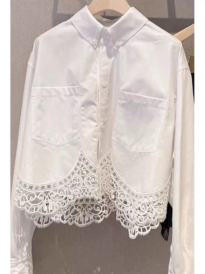 TP11330- Elegant French lace stitching design women’s white shirt