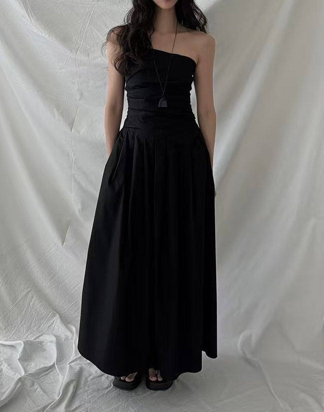 ST21506 - Designer niche asymmetrical pleated strapless top and A-line skirt set