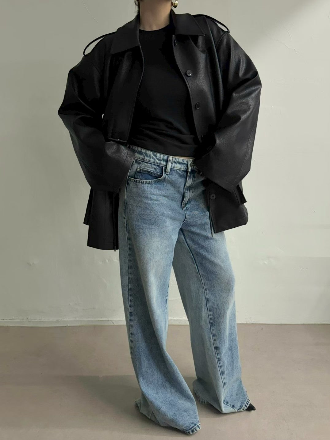 JK22089- 韓國PU皮革寬鬆機車外套