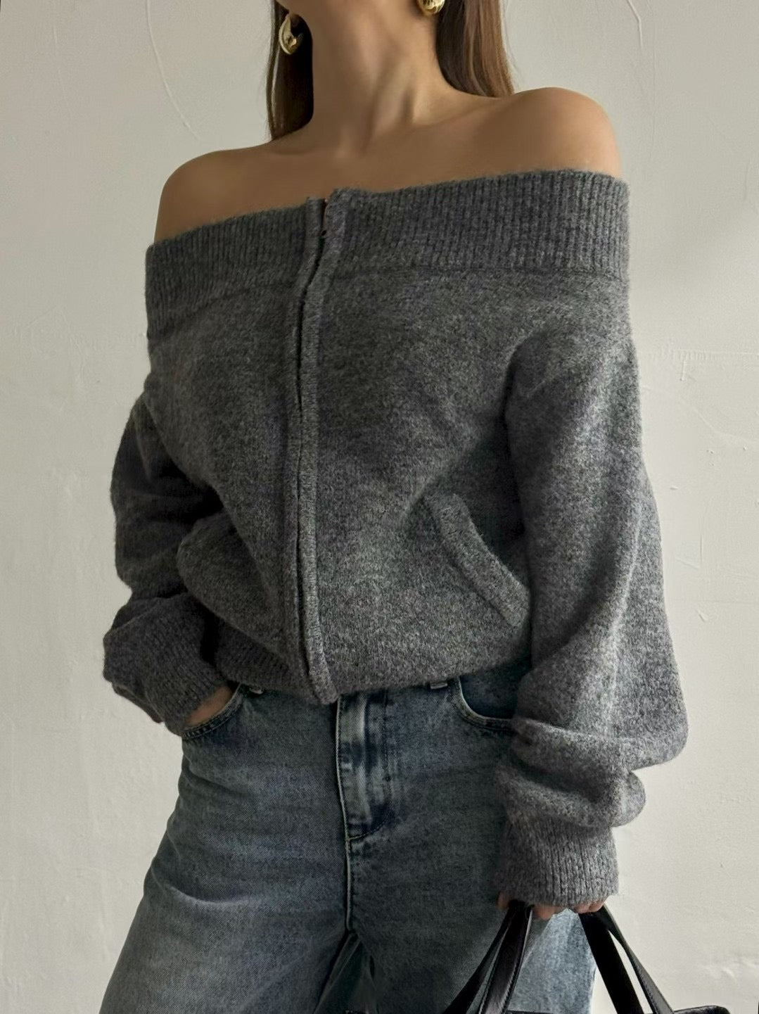 TP22086- 韓國法式羊毛混紡一字領寬鬆長袖毛衣