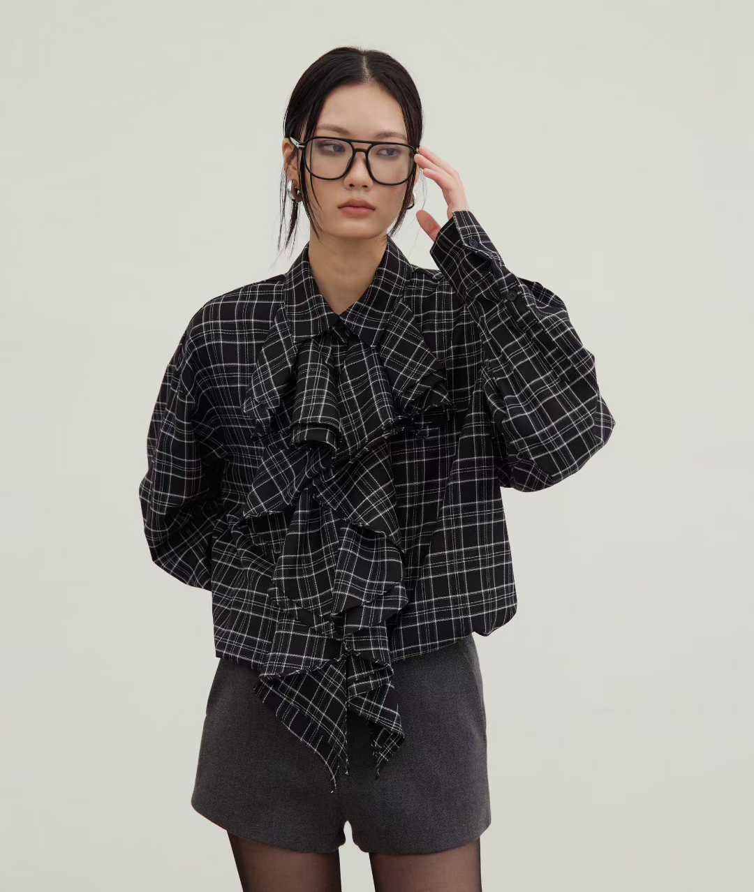 TP22073- 韓國設計師款復古浪漫格紋荷葉邊長袖襯衫