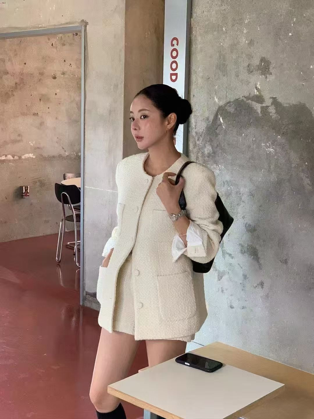 ST21900- 韓國小香風氣質粗花呢外套與短褲套裝